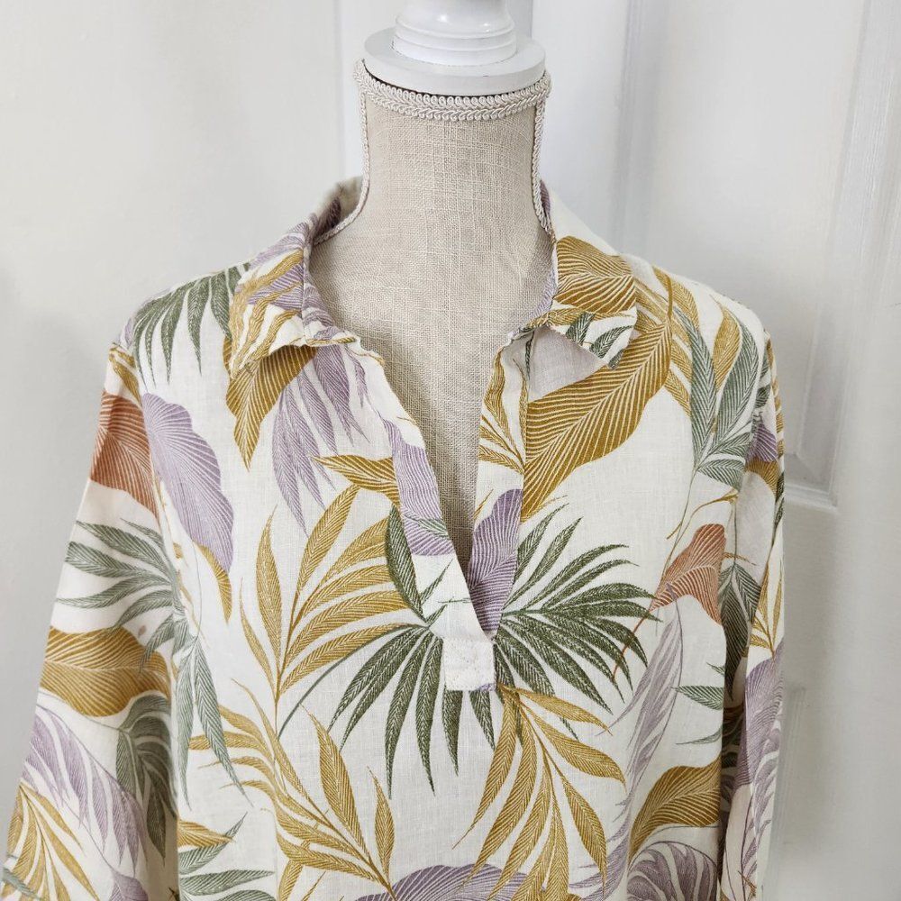 Tahari Linen Top Womens 1X Cream Floral Leaves Tropical Button Side Resort - Picture 2 of 16